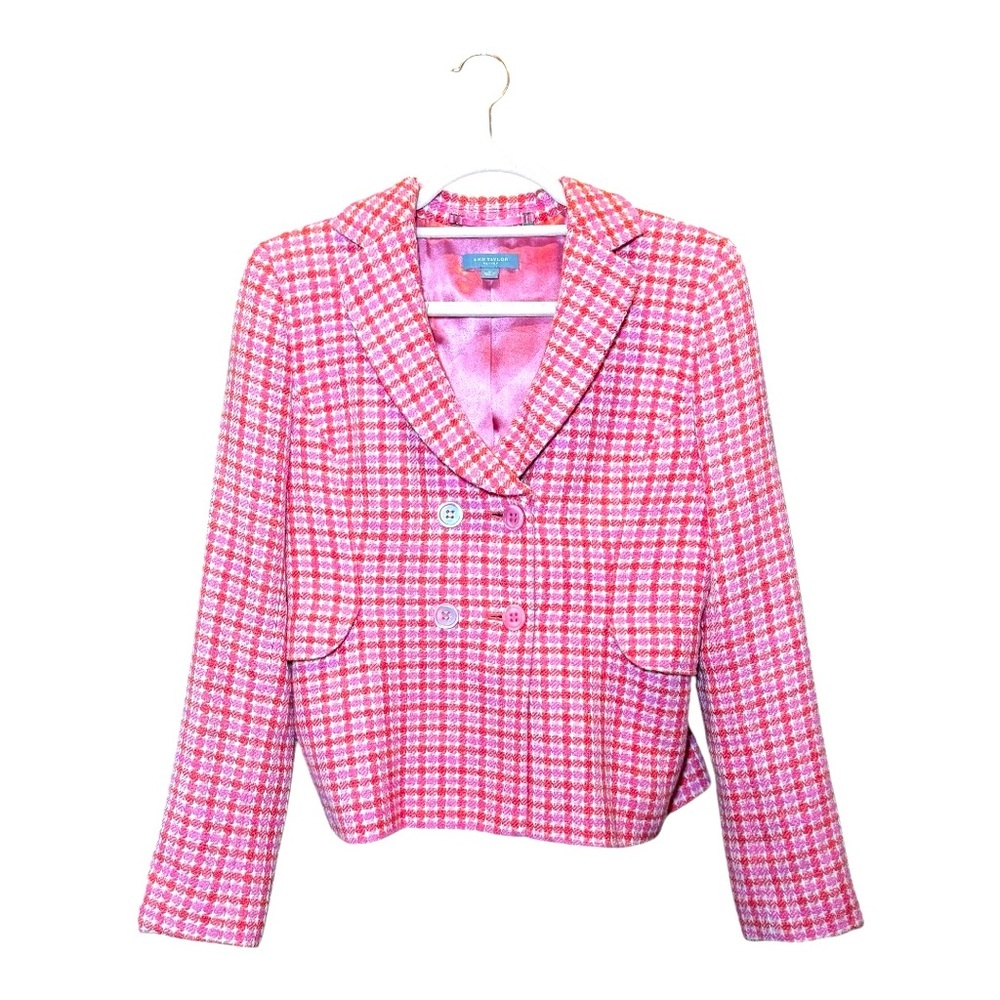 ANN TAYLOR Pink & Orange Plaid Linen/Cotton Blend Women's Blazer SZ 4 Petite
